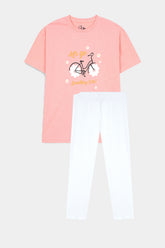 "Summer Ride"Pastel Peach Pink Graphic Tee With White Tights