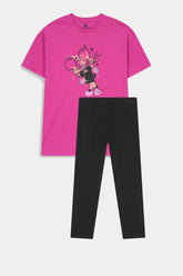 Girls' Mickey Mouse "Artist" – Fuchsia Pink Graphic Tee With Black Tights