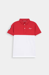Boys' Red & White Color-Block Polo Shirt With Sleeve Patch "8"