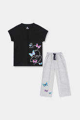 Girls Top Black & Grey Butterfly With Trouser Pair