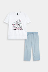 Girls' White Graphic Tee and Heather Blue Pants Set