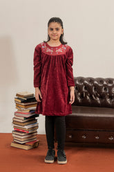 Kids Elegant Velvet Party Frock – Embroidered Neckline Red