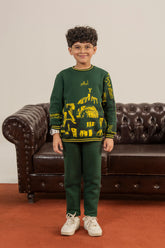 Printed Green Fleece Tracksuit For Boys