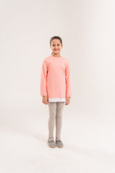 Girls Peach Plain Crew Top With Lycra Cotton Tights