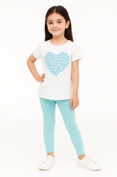 Girls Top Blue Heart White With Lycra Cotton Tights Sky Pair