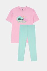 Girls "Sweet Rainbow" Crew Tee – Candy Pink With Sea Green Tights
