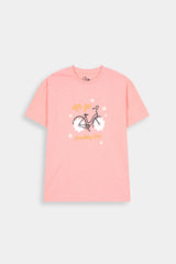 "Summer  Ride"Pastel Peach  Pink Graphic Tee  With White Tights