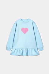 Soft Fleece Baby Blue Heart Frock with Frill Hem