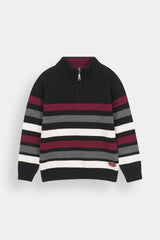 Kids  Black Zip Sweater with Colorful Horizontal Stripes