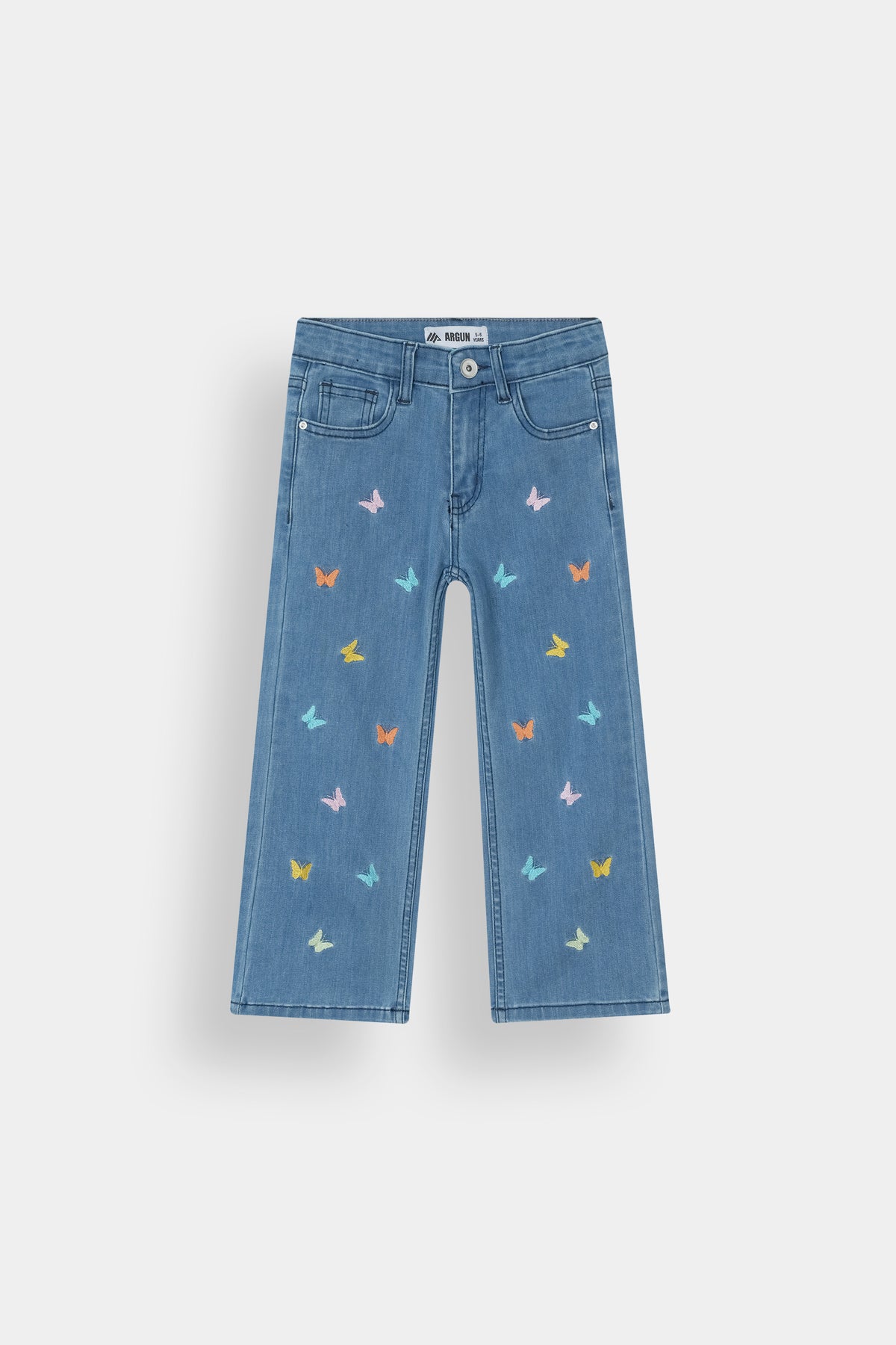 Kids Butterflies Embroidered Denim Pants | Wide-Leg Blue Jeans