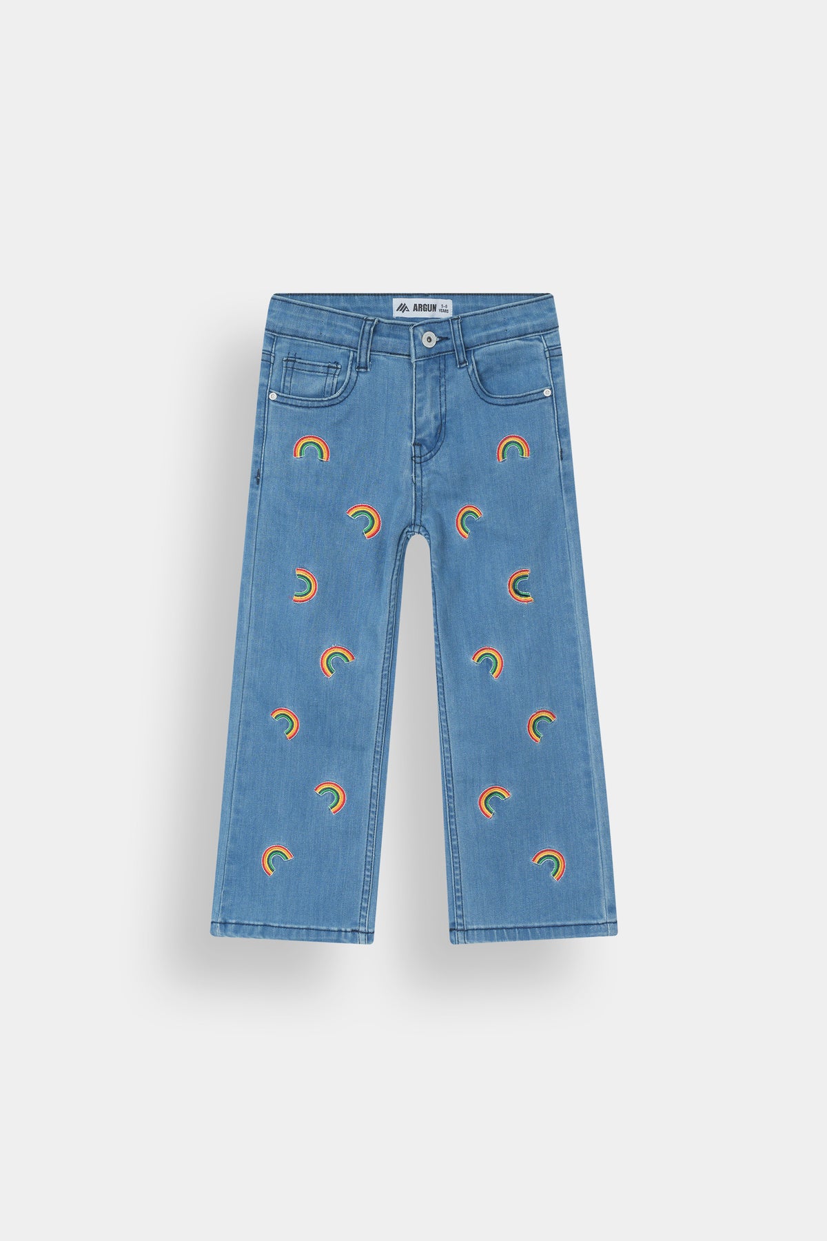 Kids Rainbow Embroidered Denim Pants Wide-Leg Blue Jeans