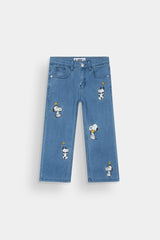 Kids Snoopy Embroidered Denim Pants Wide-Leg Blue Jeans