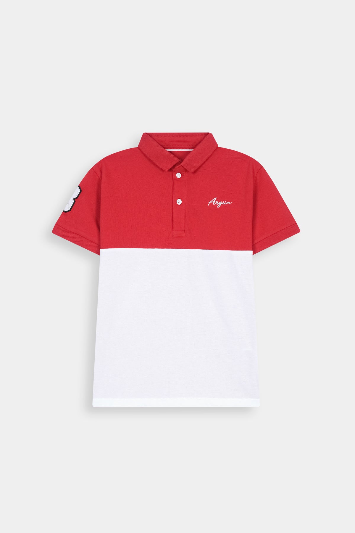 Boys' Red & White  Color-Block Polo  Shirt With Sleeve  Patch "8"
