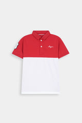 Boys' Red & White  Color-Block Polo  Shirt With Sleeve  Patch "8"