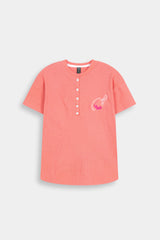 Girls' Peach Textured  Henley Tee and  Matching Pants Set