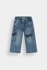 Kids 6 Pocket Blue Baggy Stone Wash Denim Pent