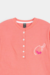 Girls' Peach Textured  Henley Tee and  Matching Pants Set