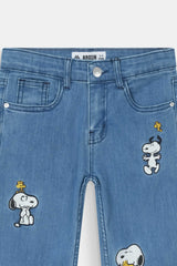 Kids Snoopy Embroidered Denim Pants Wide-Leg Blue Jeans