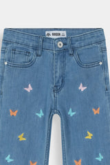 Kids Butterflies Embroidered Denim Pants | Wide-Leg Blue Jeans