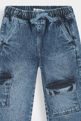 Kids 6 Pocket Blue Baggy Stone Wash Denim Pent
