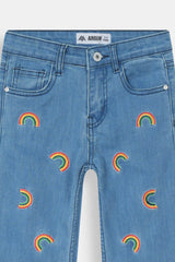 Kids Rainbow Embroidered Denim Pants Wide-Leg Blue Jeans