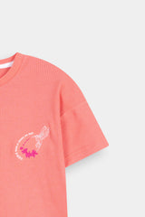 Girls' Peach Textured  Henley Tee and  Matching Pants Set