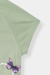 Girl Top Shirt Green with Printed Butterfly