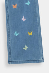 Kids Butterflies Embroidered Denim Pants | Wide-Leg Blue Jeans