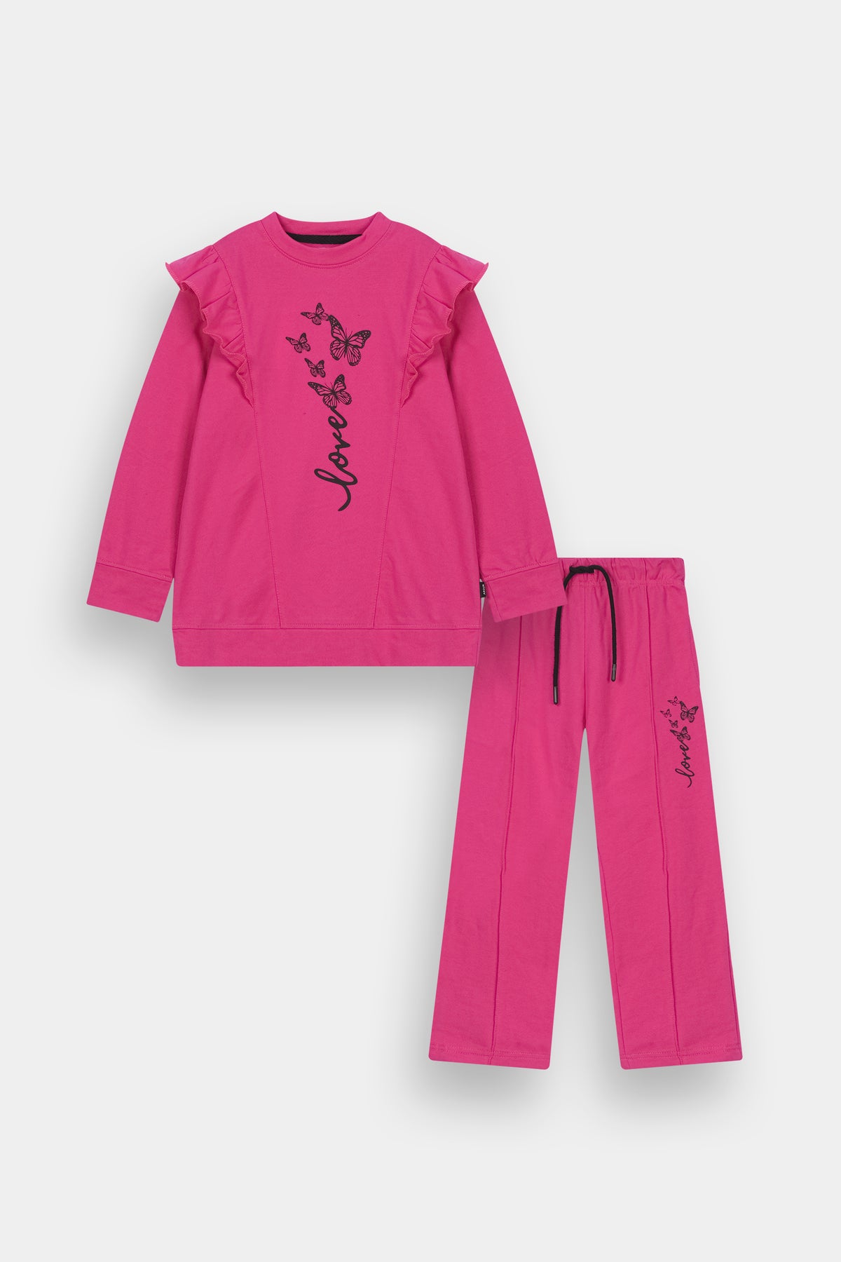 Soft DK-Pink Loungewear Set - Butterflies & Ruffled Shoulders