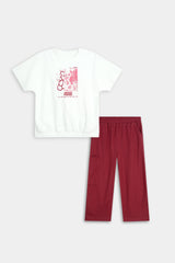 White & Maroon  "Little Bear" Graphic  Co-ord Set