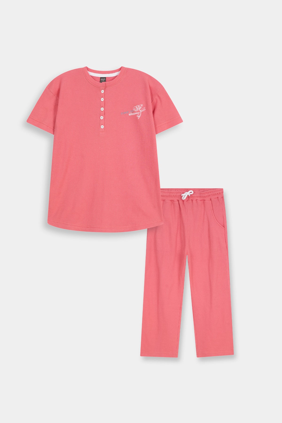 Kids' Rose Pink  Textured Henley Tee  and Matching Pants  Set