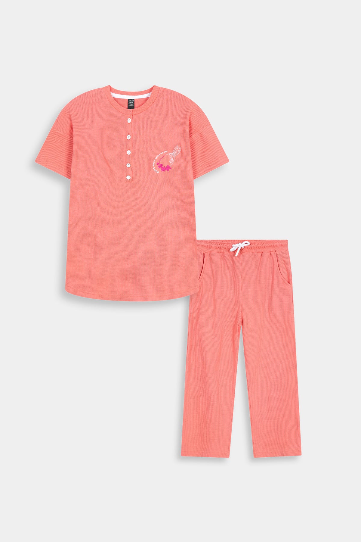 Girls' Peach Textured  Henley Tee and  Matching Pants Set