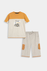 Kids' Mustard and  Grey Color-Block Tee  with Cargo Shorts