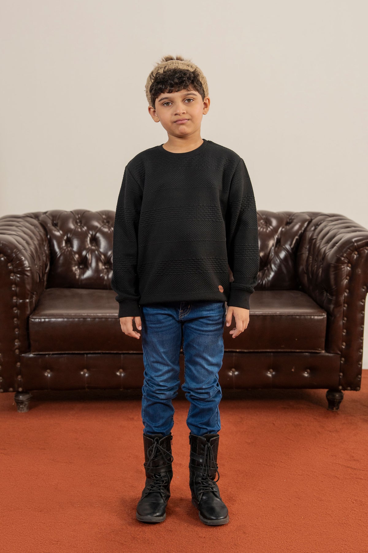 Textured Black Quilted Fabric Sweatshirt For Boys