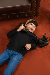 Textured Black Quilted Fabric Sweatshirt For Boys