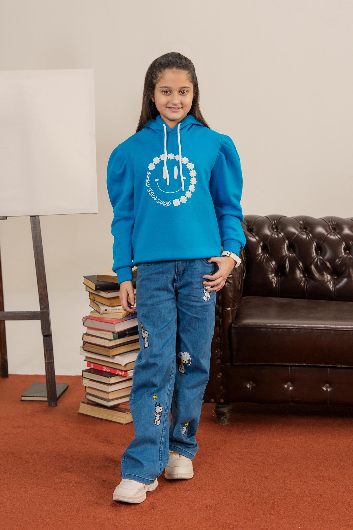 Girls' Cozy Fleece Smiley Face Hoodie - Good Vibes