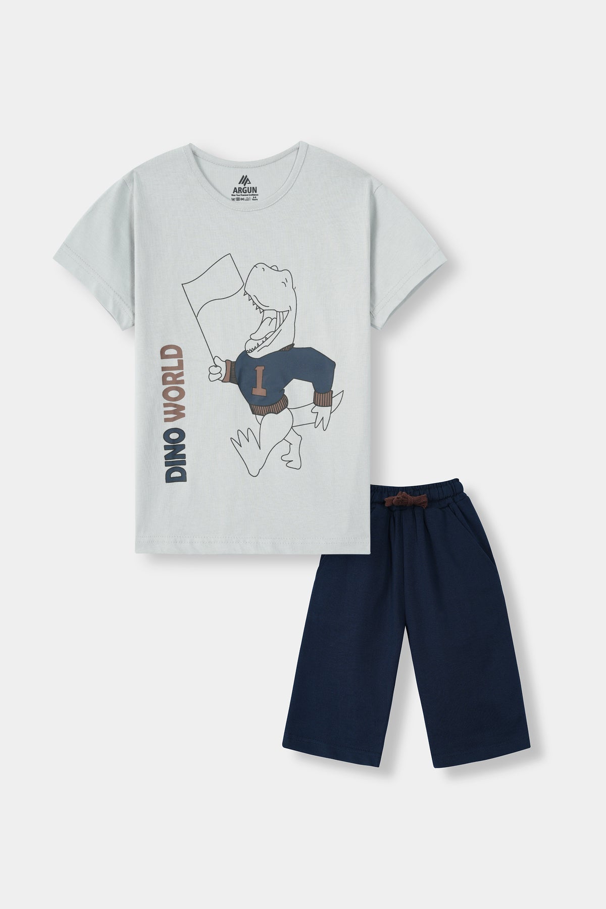 Boys Grey Dino Crew T-Shirt With Navy Shorts