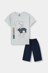 Boys Grey Dino Crew T-Shirt With Navy Shorts