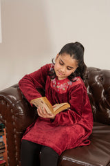 Kids Elegant Velvet Party Frock – Embroidered Neckline Red