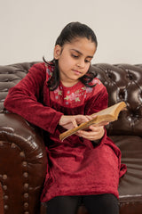 Kids Elegant Velvet Party Frock – Embroidered Neckline Red