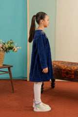 Kids Elegant Velvet Party Frock – Embroidered Neckline Royal Blue