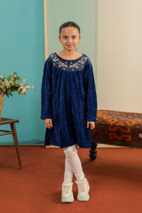 Kids Elegant Velvet Party Frock – Embroidered Neckline Royal Blue