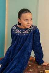 Kids Elegant Velvet Party Frock – Embroidered Neckline Royal Blue