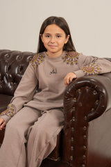 Girls Kalamkaar Printed Tracksuit - Skin Gray