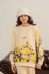 Girls Kalamkaar  Printed Tracksuit - Cream