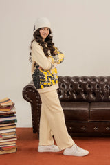 Girls Kalamkaar  Printed Tracksuit - Cream