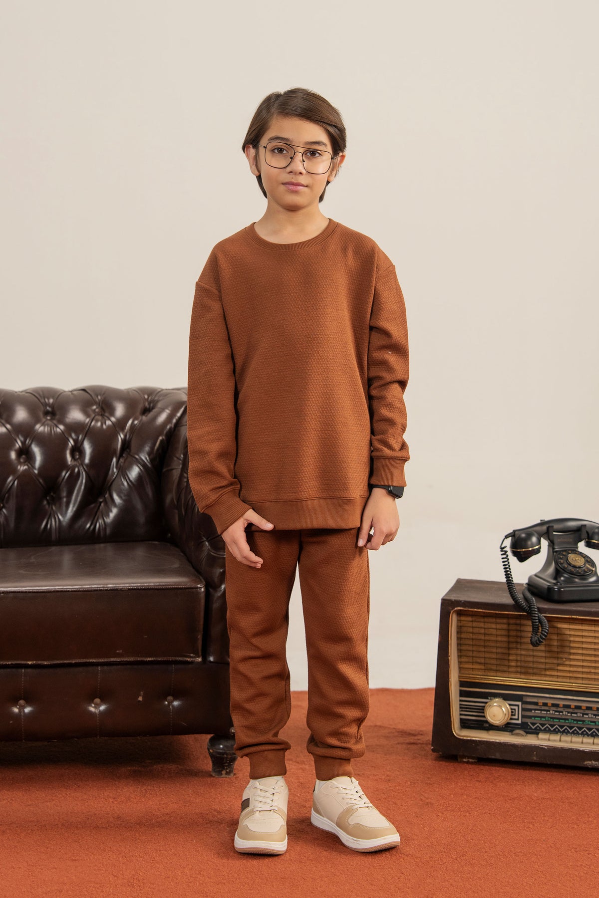 Textured Jacquard Knit Tracksuit - Rust Brown For Boys