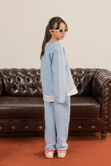 Light Blue Fleece Winter Suit with Cute Kitty Design