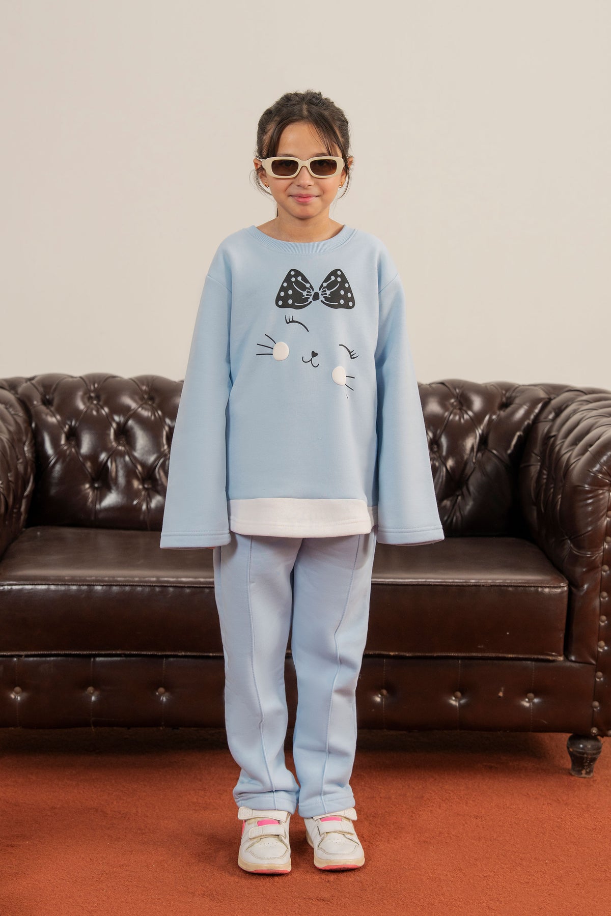 Light Blue Fleece Winter Suit with Cute Kitty Design