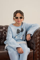 Light Blue Fleece Winter Suit with Cute Kitty Design